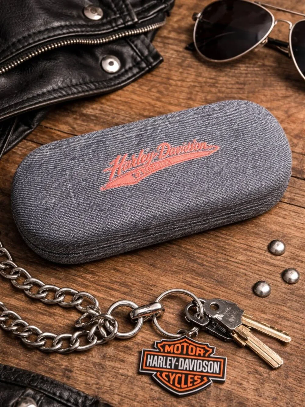 Harley-Davidson Eyeglass Case Denim Look Logo Hard Shell 6x2.5” Interior Logo